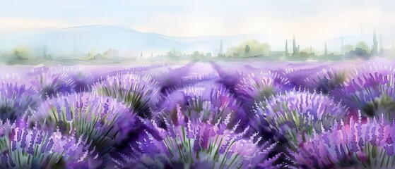 Obraz premium A painting of a lavender field with trees and hills in the background