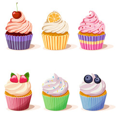 Set of cute vector muffins and cupcakes decorated with fruits and sprinkles. Vector illustration EPS10.