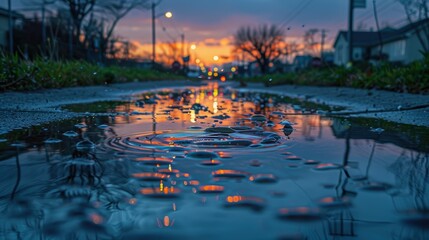 Fototapeta premium A serene sunset reflected in a puddle on a quiet street highlights the beauty of twilight and the calm atmosphere of a tranquil neighborhood