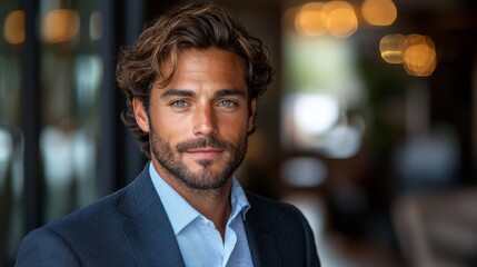 Fototapeta premium A stylish man with wavy hair and blue eyes poses confidently in a modern indoor setting surrounded by warm lighting