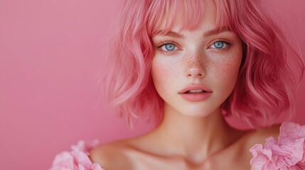 Naklejka premium Beautiful woman with pink hair and striking blue eyes, wearing a pink ruffled dress, posing gracefully against a bright pink backdrop, with a soft and alluring expression