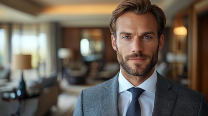 Fototapeta premium Professional man in a tailored suit poses confidently in an upscale hotel lobby during daytime