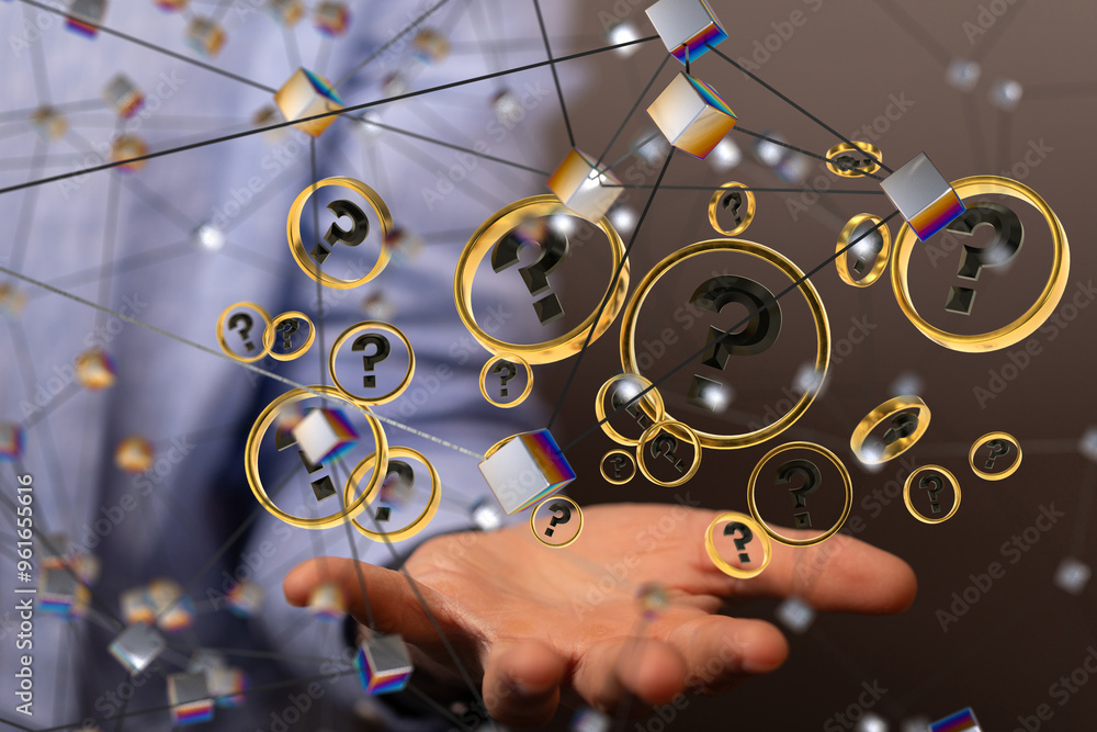 Aufkleber Businessman solving problem with digital question marks 3D rendering