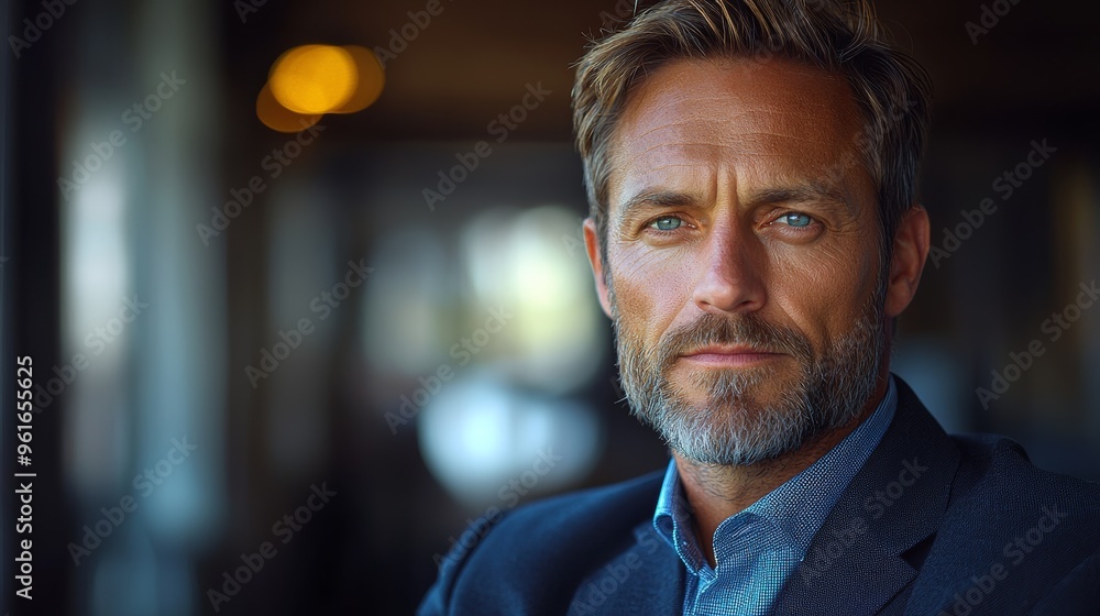 Poster a confident man with a beard poses elegantly in a stylish setting, showcasing sharp features and a f
