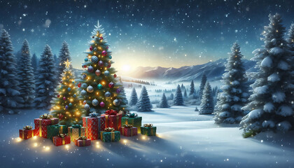 Obraz premium A winter landscape featuring two decorated evergreen trees adorned with ornaments and twinkling lights positioned on either side of a snowy scene