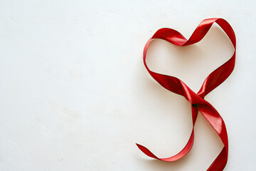 A crimson ribbon tied in a heart shape, a simple yet powerful symbol of love and affection, set against a pristine white backdrop.