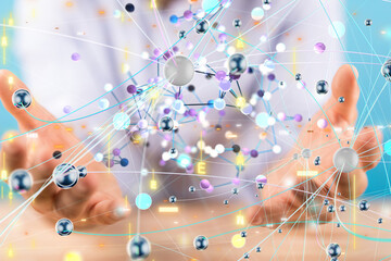 Global network. Blockchain. 3D illustration. Neural networks and artificial intelligence. Abstract