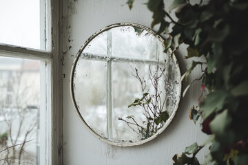 A Glimpse Through Time: A vintage mirror reflects weathered branches and a blurry winter scene, capturing a moment of quiet reflection.