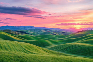 A symphony of vibrant hues paints the sky as rolling green hills bask in the golden glow of a breathtaking sunset.