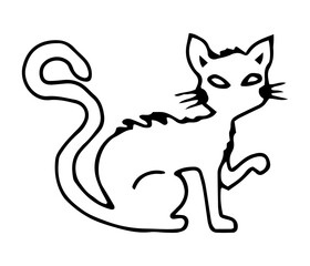 Cat silhouette. Black outline drawing for Halloween. Hand drawn isolated graphic clipart. Line animal illustration for decor and party invitation design. Cute pet. Simple doodle style