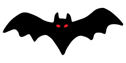 Bat silhouette with red eyes. Black outline drawing for Halloween. Hand drawn isolated graphic clipart. Line illustration of creepy animal for decor and party invitation design. Simple Doodle style