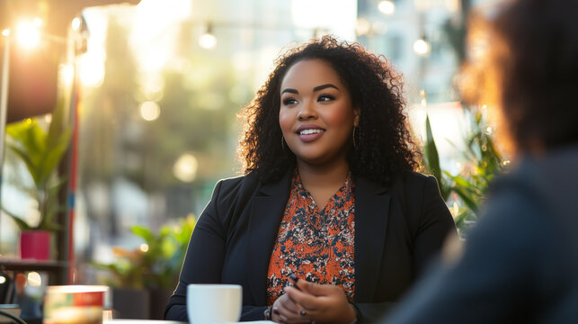 Plus size professional woman in a stylish suit, engaging in a business discussion at an outdoor cafe