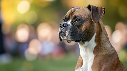 Fototapeta premium A close-up of a boxer dog with a soft background, showcasing its expressive features.