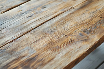 Fototapeta premium Close-up of a Rustic Wooden Tabletop, Revealing the Intricate Grain and Texture of Time-worn Wood.