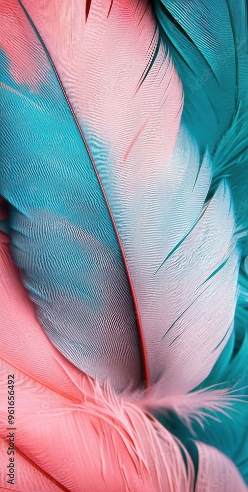 Poster close-up of pastel-colored feathers creating a soothing and elegant background with soft pink and bl