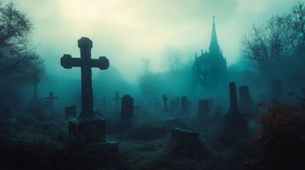 Haunted Graveyard with Ancient Tombstones in Thick Mist &ndash; Halloween
