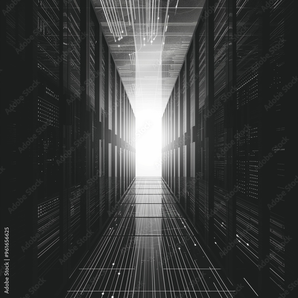 Poster data center corridor with illuminated exit, digital streams, and server racks at night