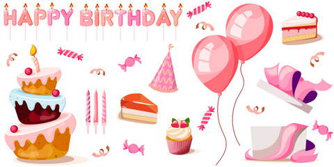 Birthday set in pink colors for girl. Number and letter candles, balloons, muffin and cakes for party. Vector illustration EPS10.