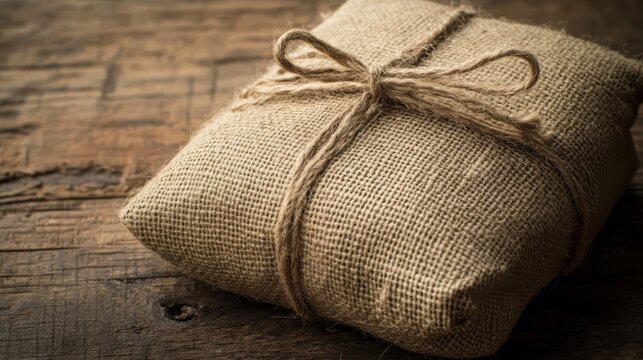 Rustic burlap package tied with string on a wooden table, evoking vintage charm and natural craftsmanship.