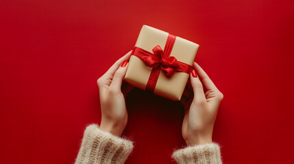 |Woman hand holding red gift box on red background