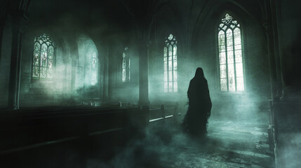 Spooky Ghost in Abandoned Church – Halloween Scene
