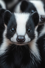 Fototapeta premium A composition of overlapping skunk shapes in soft blacks, whites, and grays,