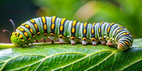A close-up shot captures the caterpillar's mesmerizing green hue with snowy white stripes, its tiny legs crawling along
