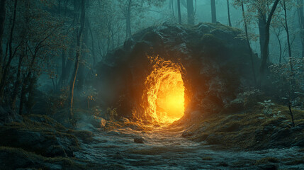 Halloween Mysterious Glowing Cave Entrance in Haunted Forest
