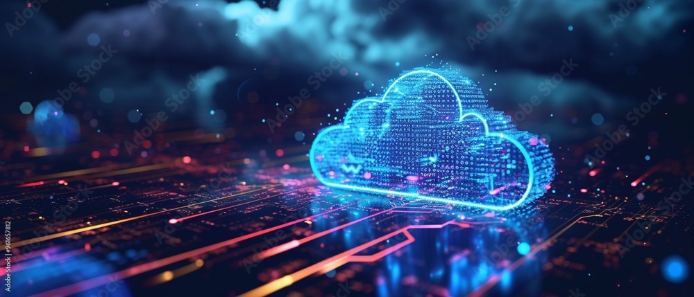 Poster digital cloud technology with binary code glowing against a dark background