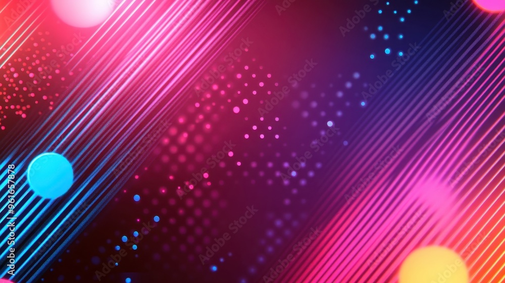 Poster vibrant abstract background with colorful neon lights, dotted patterns and stripes creating a dynami