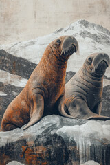 Obraz premium A composition of overlapping walrus silhouettes in soft browns, grays, and whites,