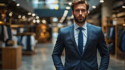 Fototapeta premium Smartly dressed man poses confidently in a modern clothing store during daytime, showcasing stylish fashion choices and elegant attire