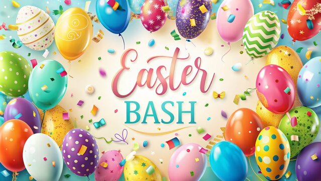 Easter bash party setting with balloons and confetti bright and cheerful atmosphere whimsical illustrations defined edges prominent text overlays
