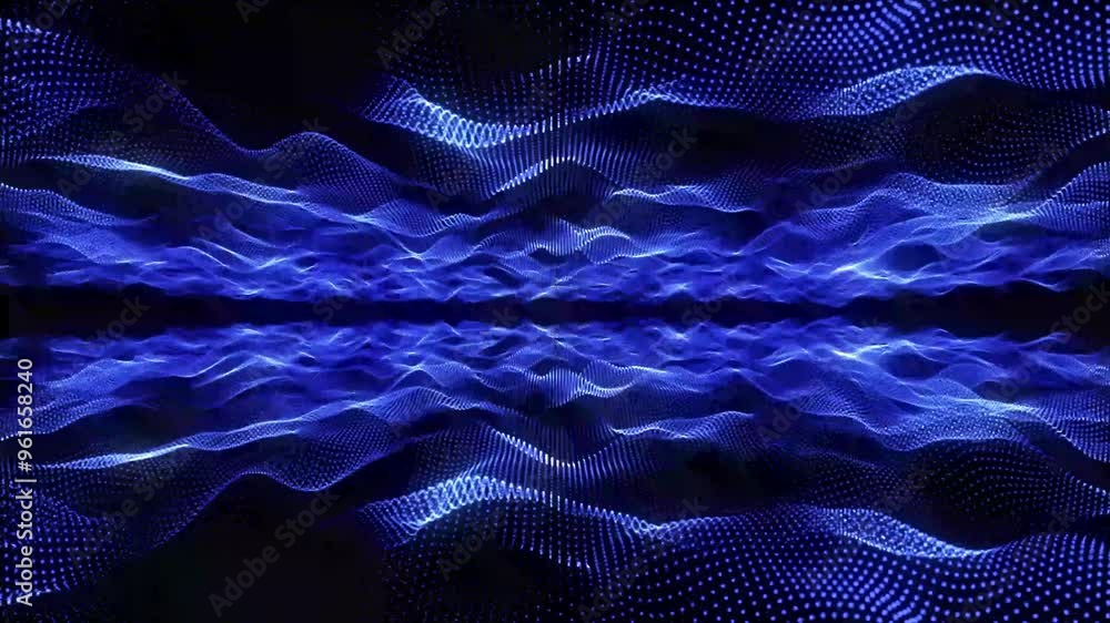 Poster futuristic abstract blue glowing waves from dots and particles shining magical neon energy lines fro