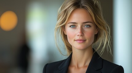 Naklejka premium Young professional woman in dark blazer smiling confidently in modern office interior during daytime