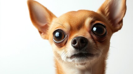 A close-up of a Chihuahua with expressive eyes against a plain background.