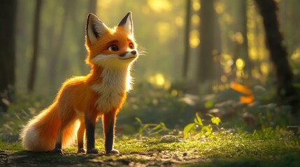 A cute, fluffy fox with bright orange fur and a bushy tail, standing in a peaceful forest clearing, gazing curiously with big, playful eyes