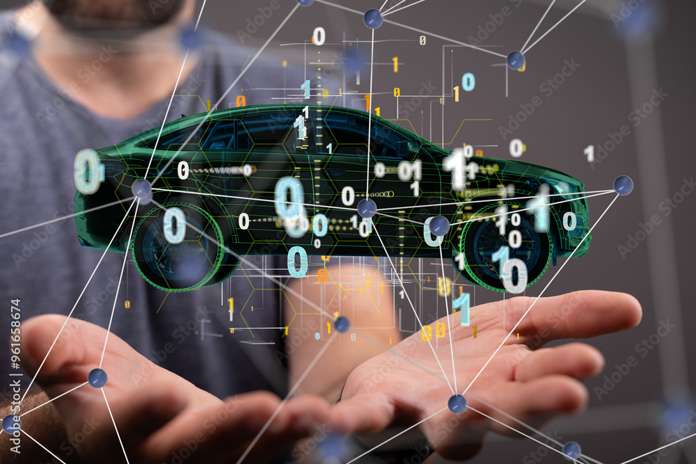 Poster Autonomous car with HUD graphic of Navigation system driving