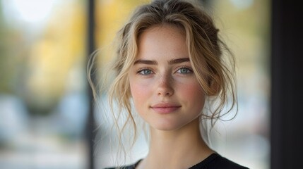 Young woman with natural beauty poses in a sunlit indoor setting with vibrant foliage visible in the background during autumn