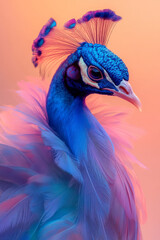 A composition of overlapping peacock silhouettes in soft blues, greens, and purples,