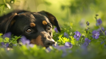  A tight shot of a dog resting in a meadow, surrounded by purple flowers in the foreground, and a softly blurred background