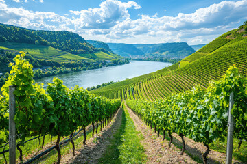 Fototapeta premium A winding river meanders through rolling hills, where lush vineyards bask in the sun's embrace, creating a picturesque landscape.