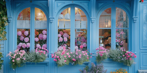 Fototapeta premium Row-Of-Arched-Windows-With-Flower-Boxes-Containing-Pink-Flowers-On-Blue-Building-With-Ornate-Woodwork