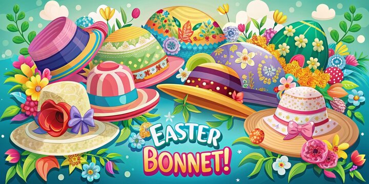 Easter bonnet holiday background with decorated hats and lively parade bold and festive atmosphere comic illustrations defined edges playful text overlays