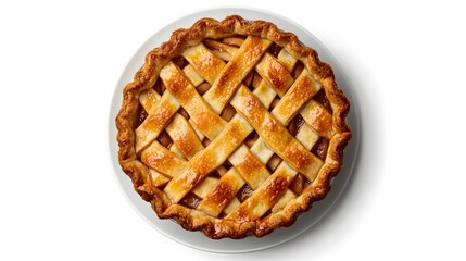 Delicious homemade apple pie with lattice crust on white background