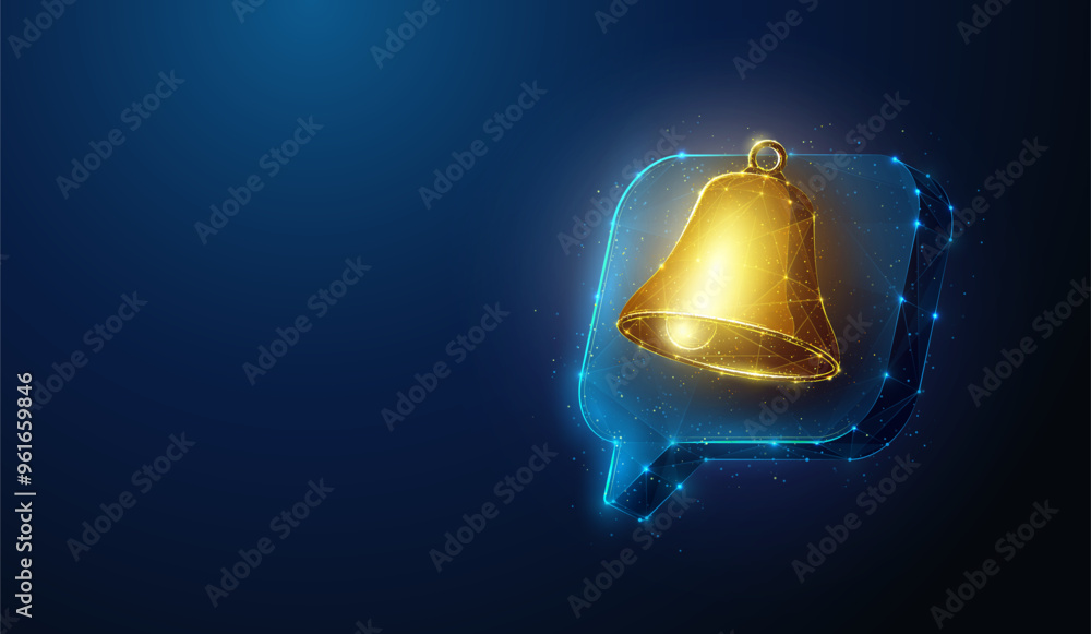Poster abstract illustration of gold notification bell floating over chat bubble in low poly style. blue ge