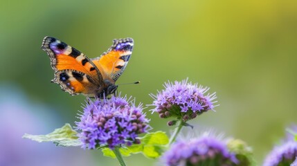  A close-up of a butterfly on a flower, surrounded by a foreground of purpled flowers with a blurred background The blurred foreground features a mix of purple and green