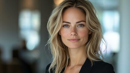 Fototapeta premium A woman with flowing blonde hair smiles softly in a modern office environment during daylight hours