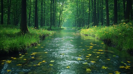 Obraz premium A serene forest stream surrounded by lush greenery and blooming yellow flowers in early spring