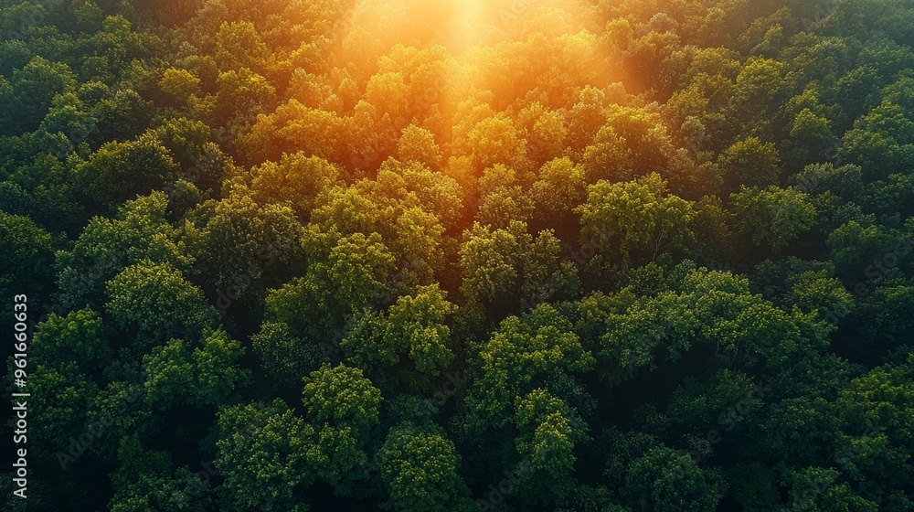 Poster golden sunlight filters through dense green treetops in a tranquil forest at dusk, creating a serene